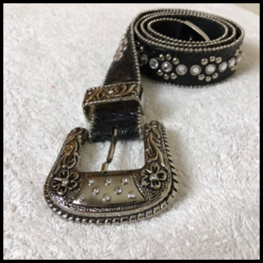 Rhinestone Silver & Studs Tooled Faux Leather Size L